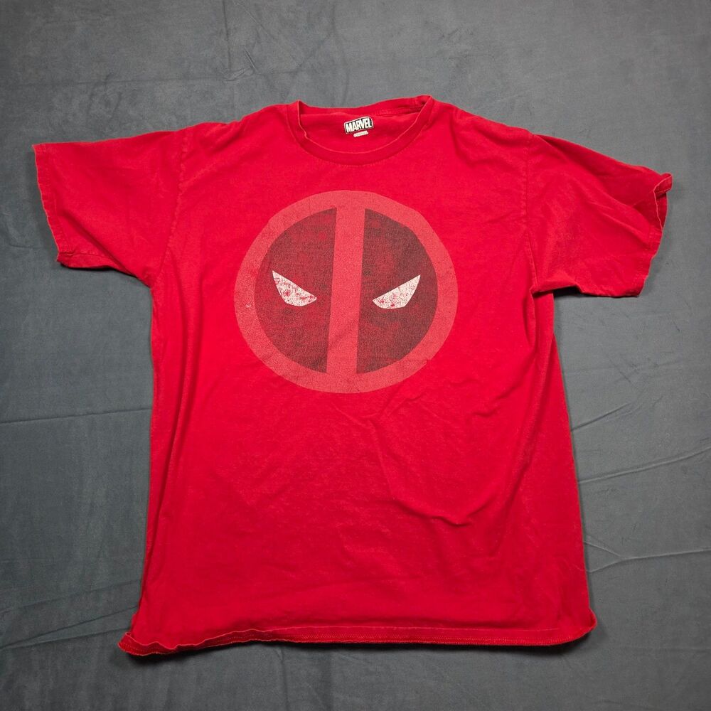 Marvel Deadpool red graphic T-shirt featuring the classic Deadpool logo.
